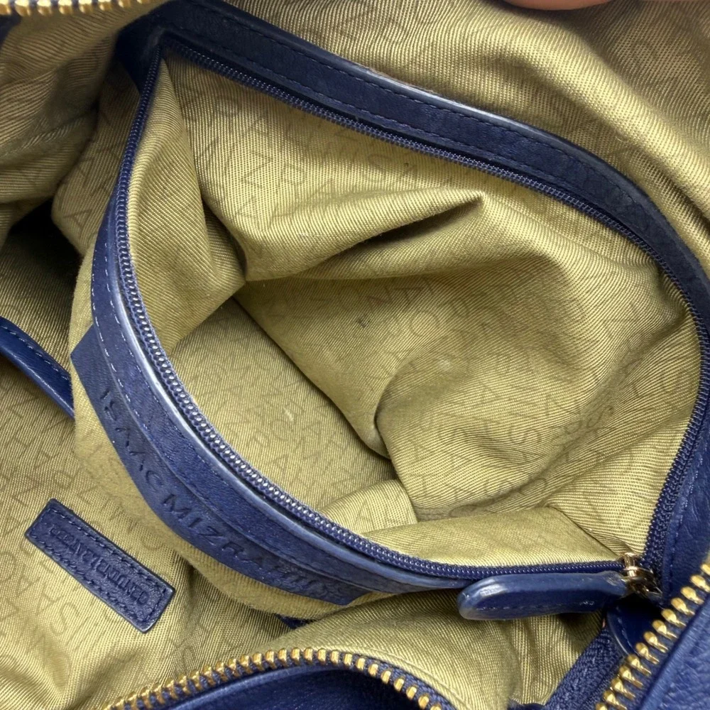 Isaac Mizrahi Hobo Bag Womens Navy Blue Pebbled Leather Tassel Gold Hardware